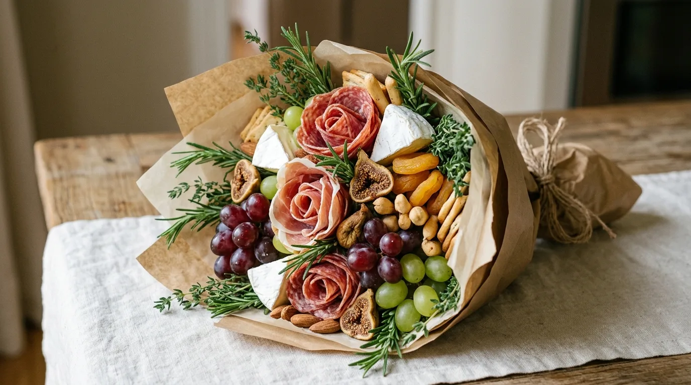 Sweet and savory charcuterie bouquet with fruit, chocolate, cheese, and salami