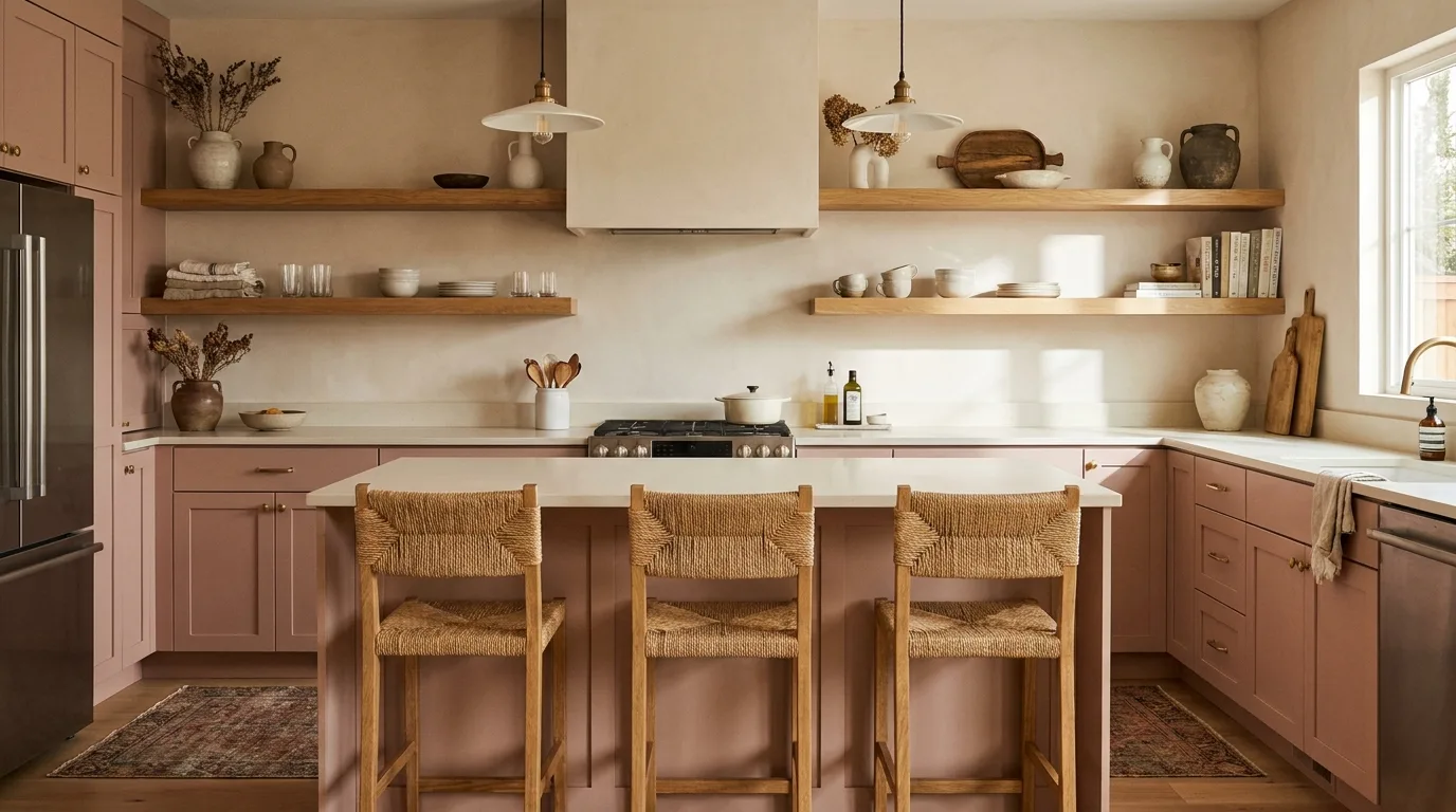 Small pink kitchen with open wooden shelving and bright finishes