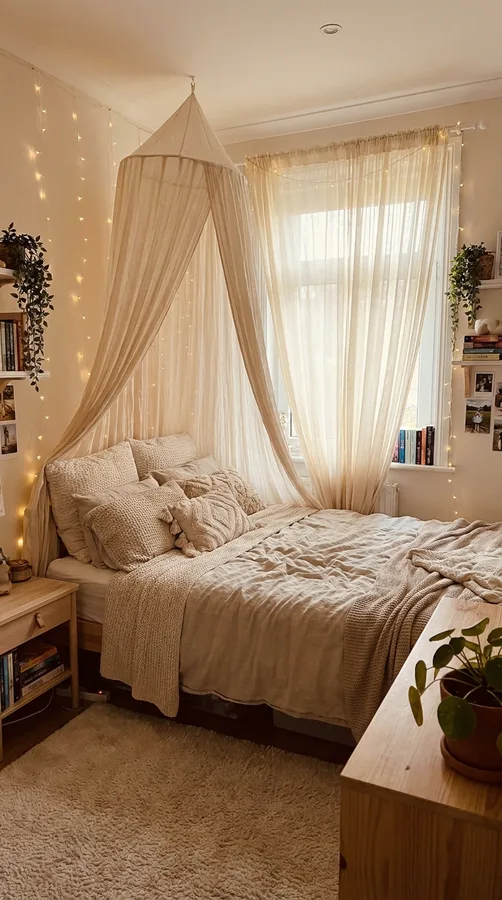 Teen bedroom with floating shelves displaying books, photos, plants, and decor
