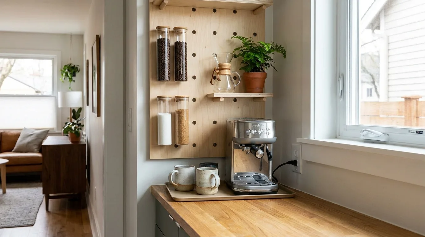Coffee and breakfast nook combining a compact coffee station with dining and storage space