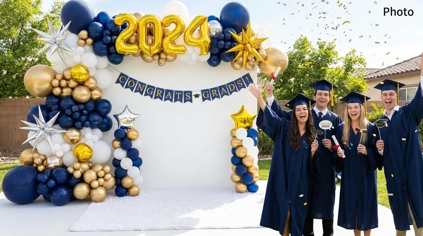 Colorful confetti-inspired graduation photo backdrop