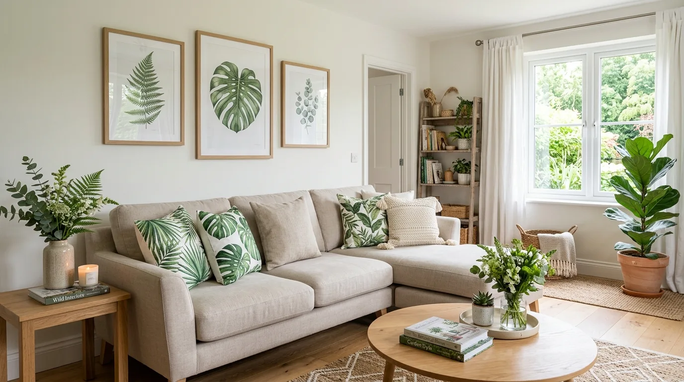 Sunny summer breakfast nook with light wood furniture and fresh greenery