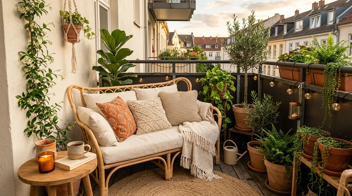 Dried flowers and grasses styled on a cozy bohemian balcony