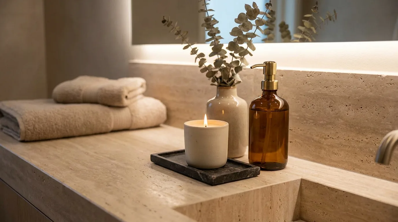 Warm wood accessories soften a contemporary bathroom counter