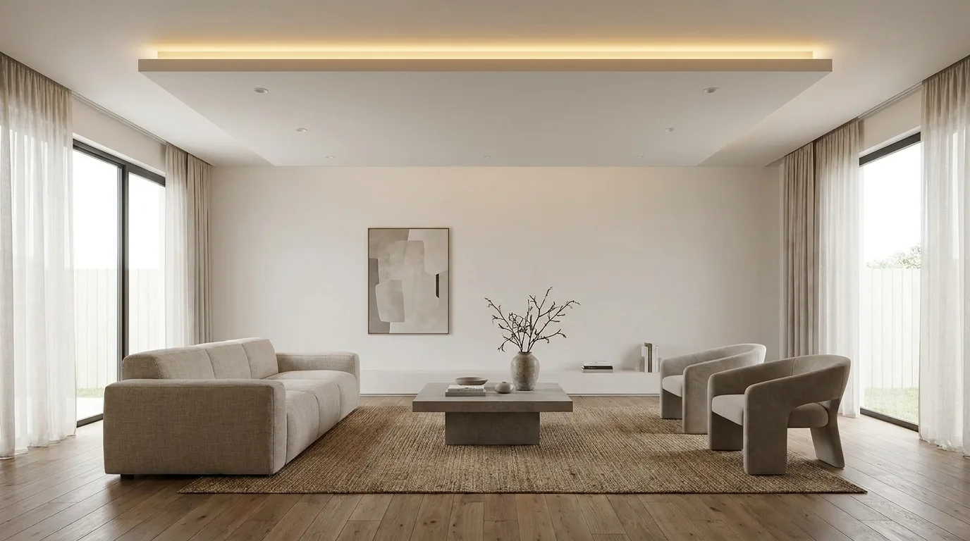 Living room with a simple false ceiling designed around a statement pendant light