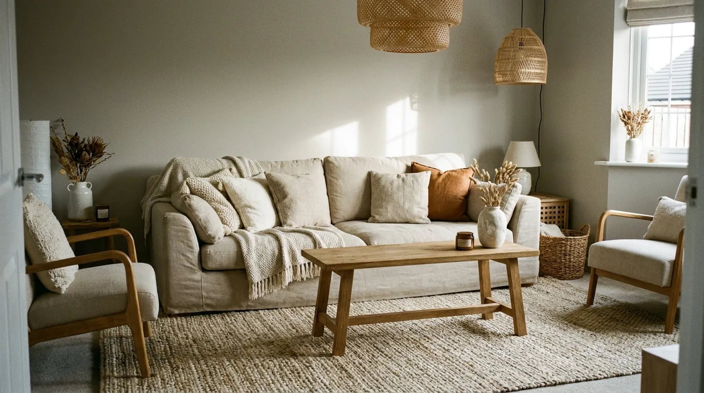 Grey and dusty blue living room with calm decor