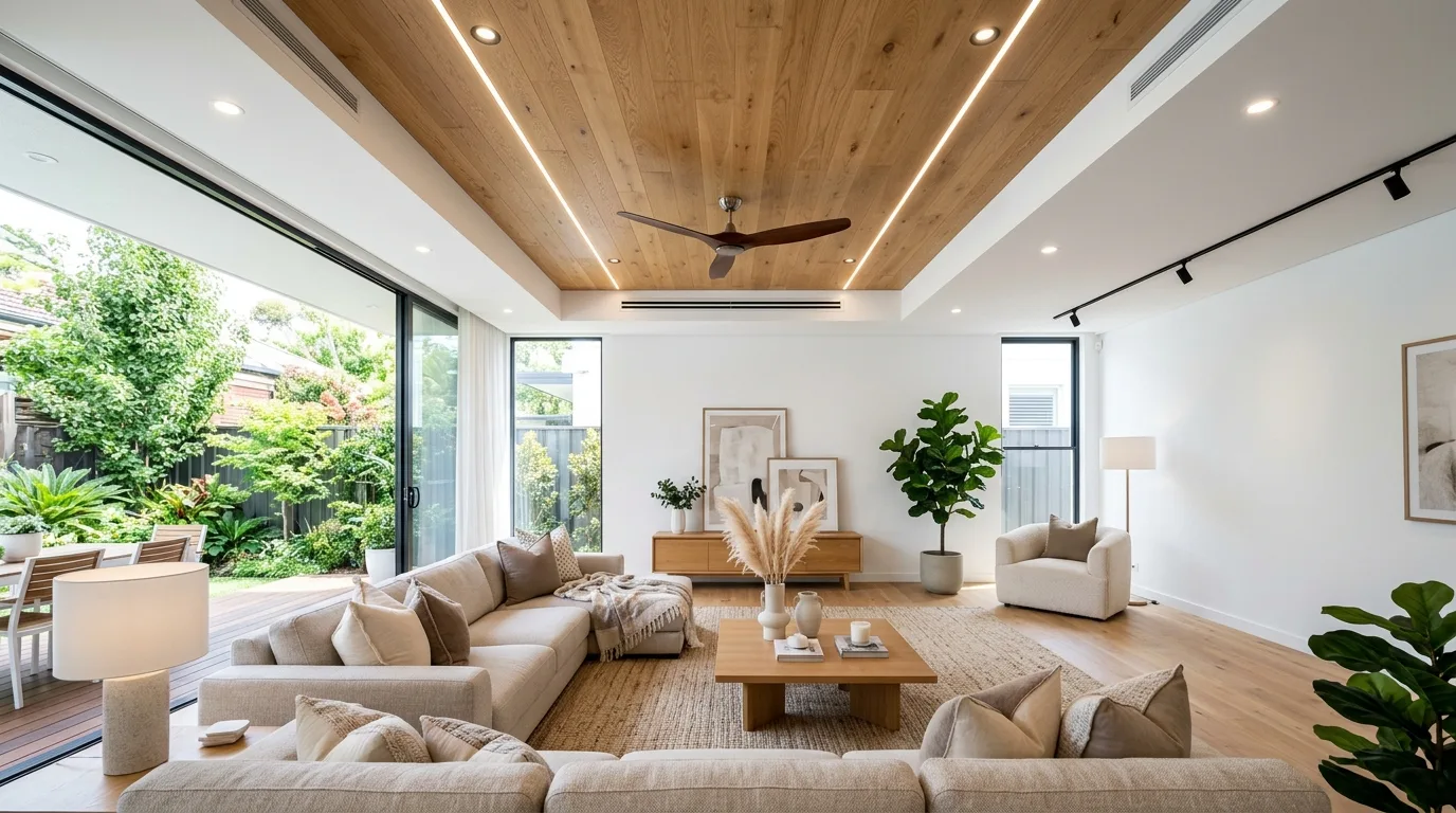 Dark wood false ceiling creating a cozy sophisticated bedroom