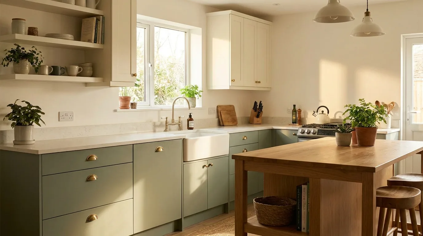 Forest green and natural oak kitchen cabinets