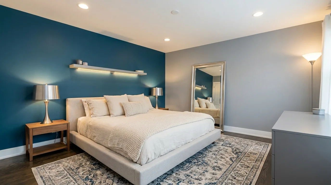 Contemporary bedroom with slate blue and greige walls, upholstered bed, and warm neutral decor.