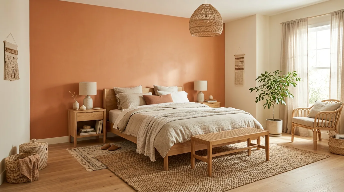 Dramatic modern bedroom with burnt orange and black wall accents