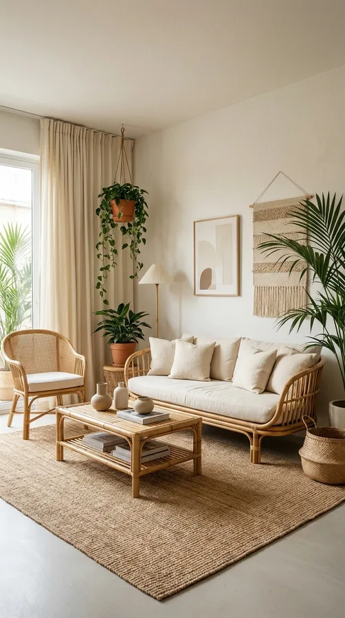Timeless living room with versatile wood furniture and classic neutral decor.