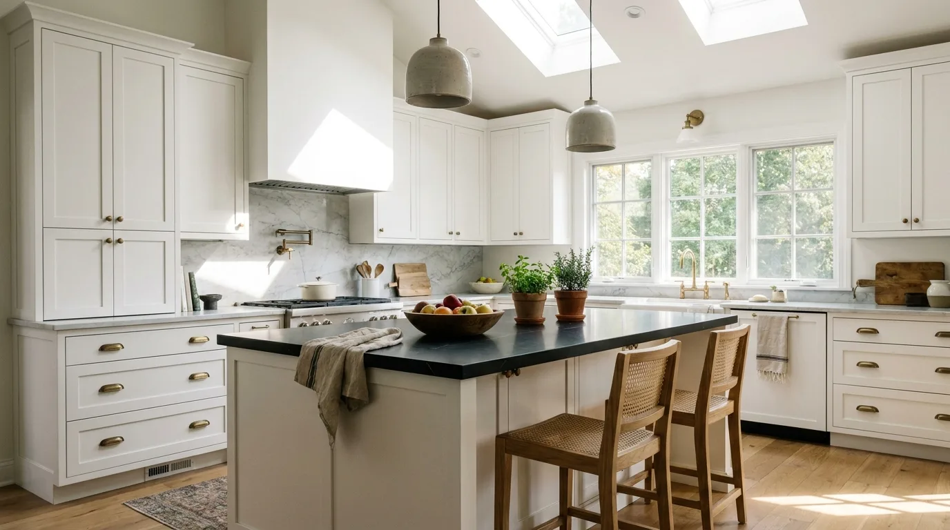 Black quartz countertop extended into a matching backsplash