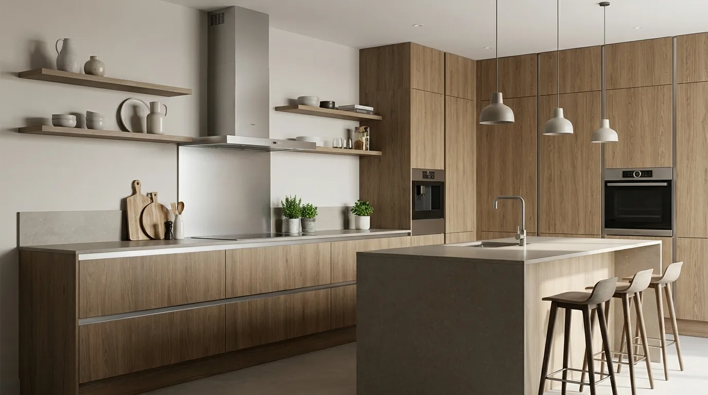 Aluminium kitchen cabinets combined with warm open shelving