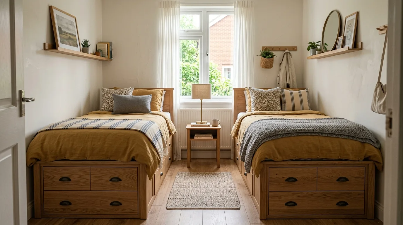 Small shared bedroom with coordinated but individually styled bedding