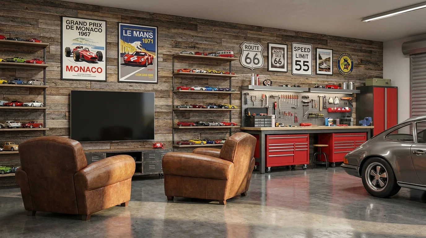 Garage golf simulator with impact screen, projector, clubs, and comfortable seating