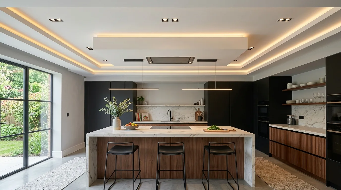Modern black-and-white kitchen false ceiling with recessed lighting