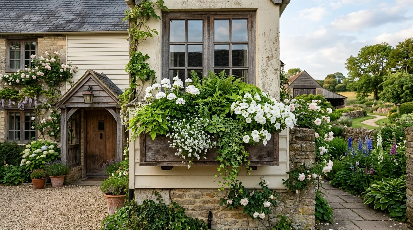 Rustic wooden window box with colorful cottage flowers