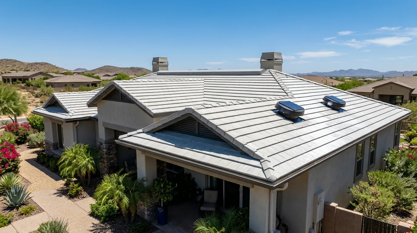 Professional cleaning of moss and algae from a residential roof.