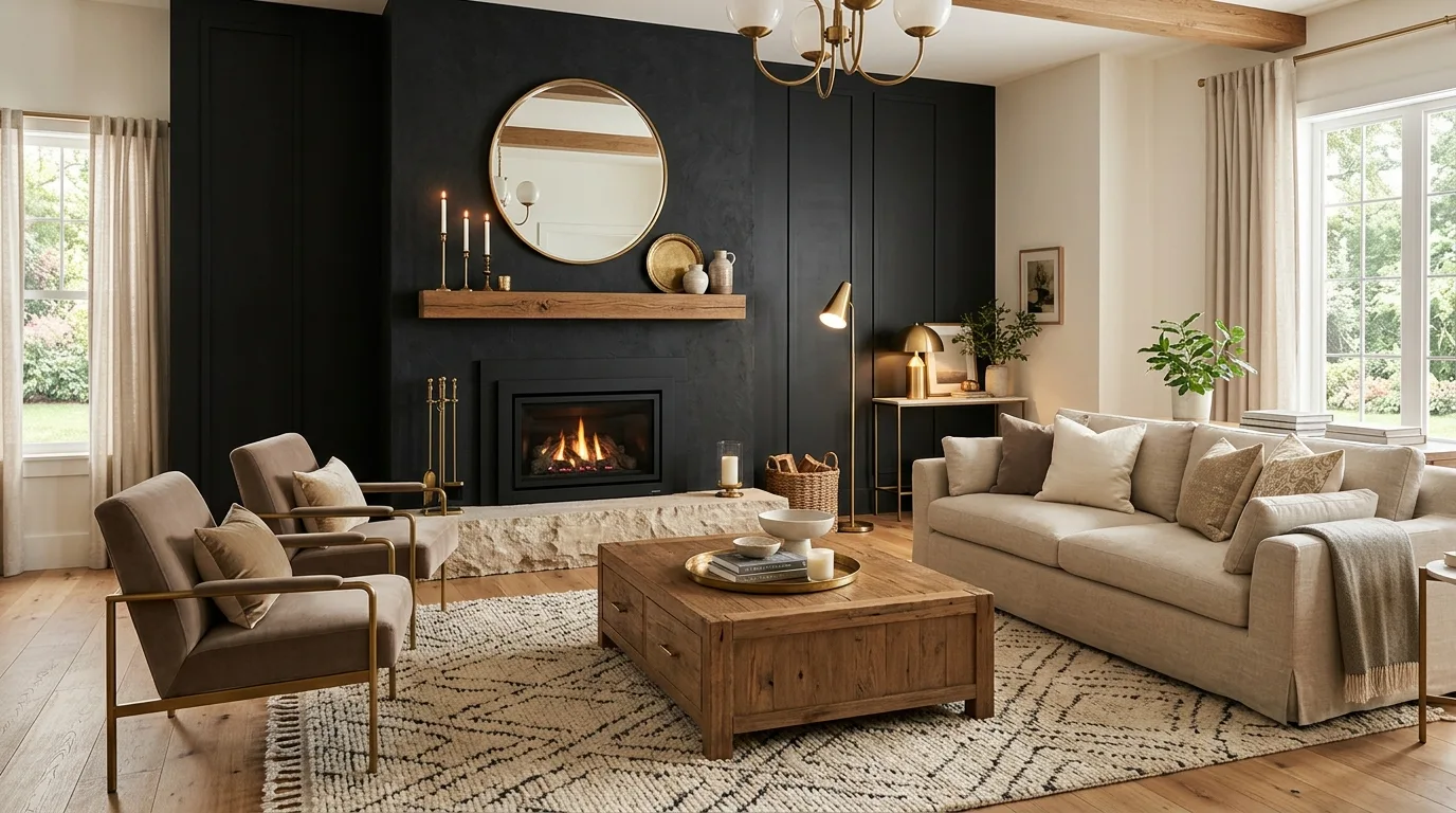 Media room with a black TV accent wall