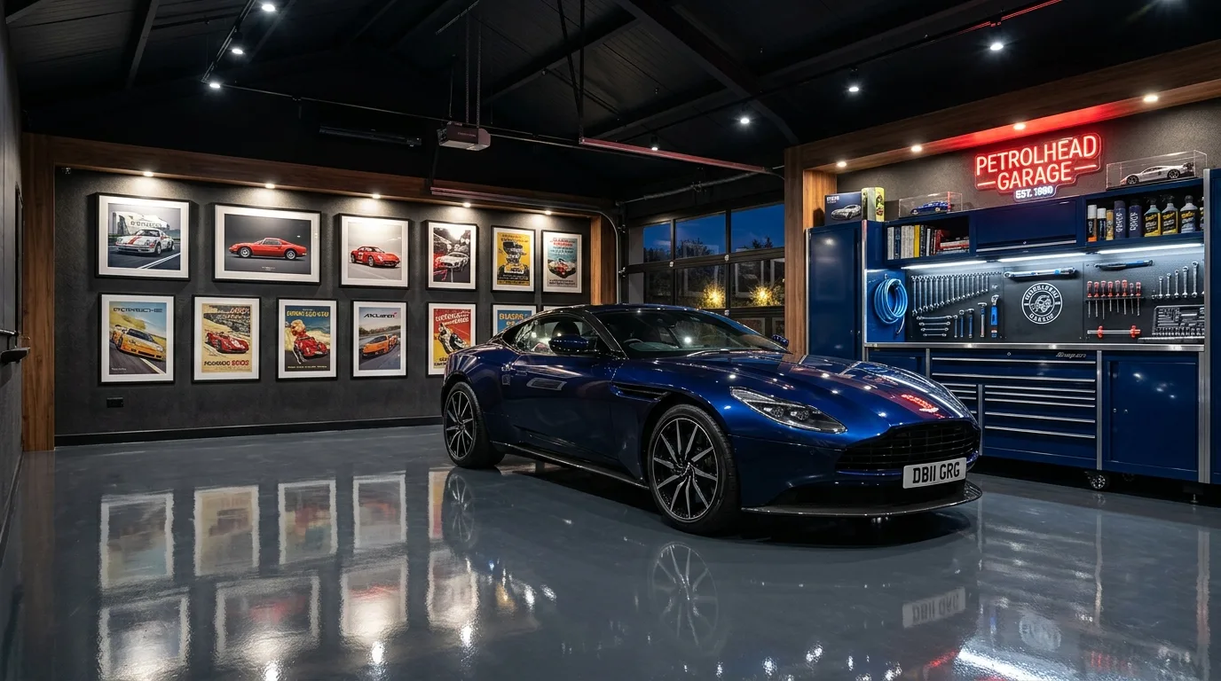 Motorcycle-themed garage man cave lounge