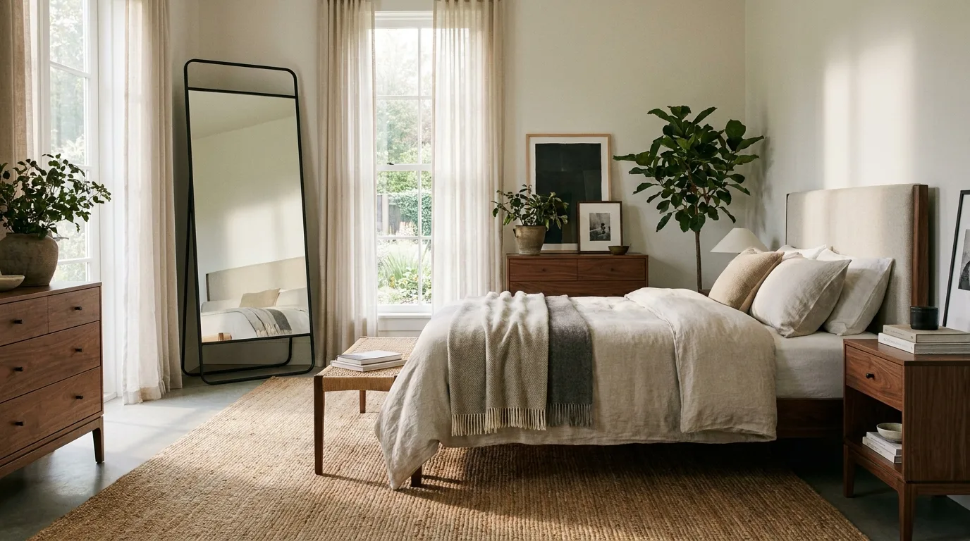 Bedroom with a calming botanical wall art display