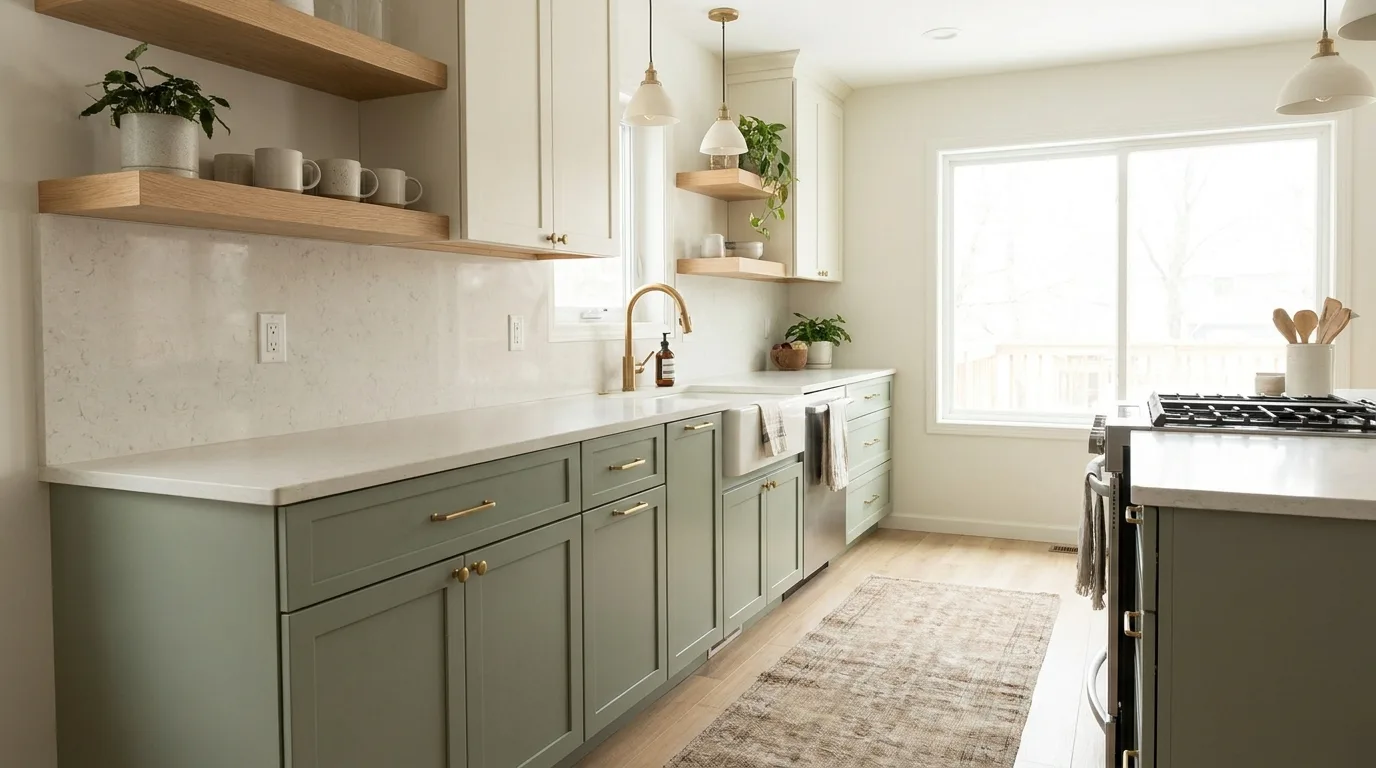 Walnut and warm white modern kitchen cabinets