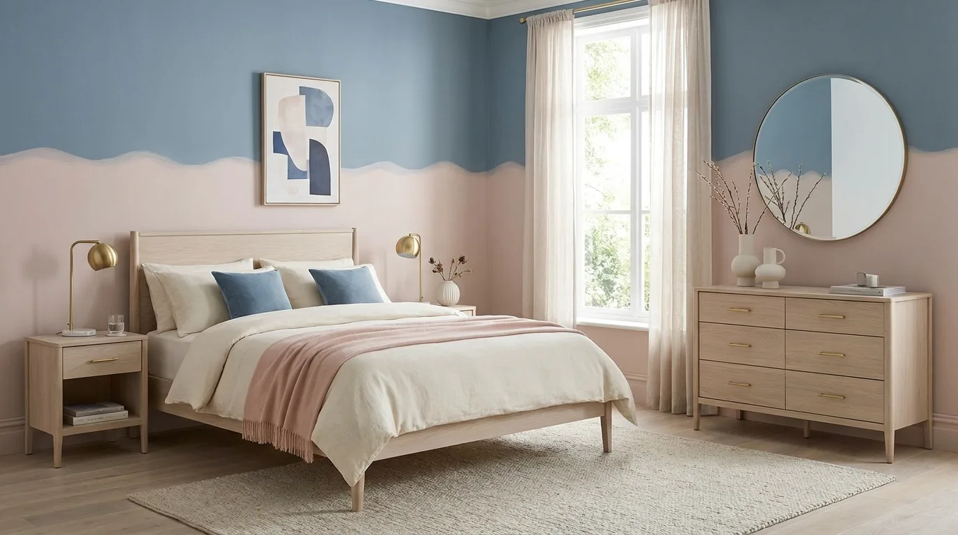 Denim blue and pale yellow bedroom wall combination