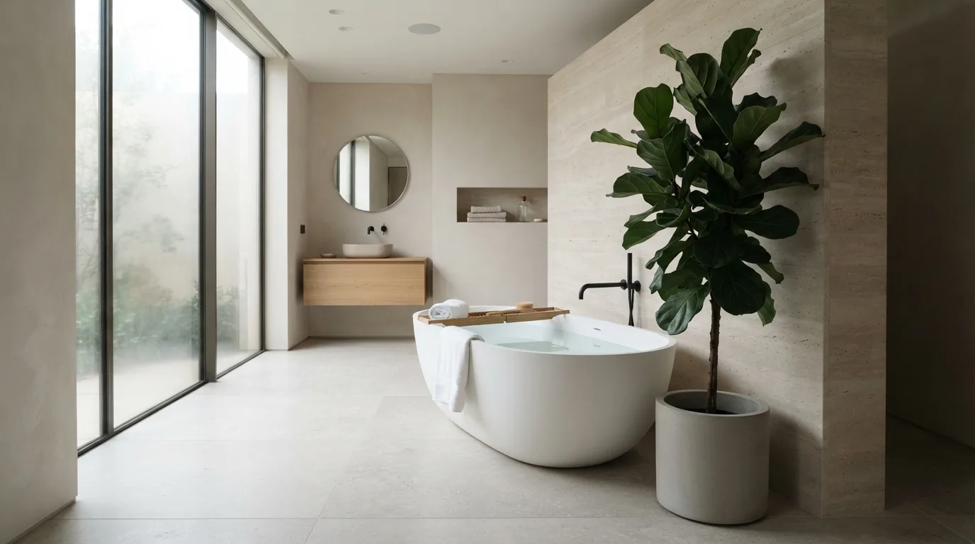 Single sculptural plant creating a minimalist bathroom display