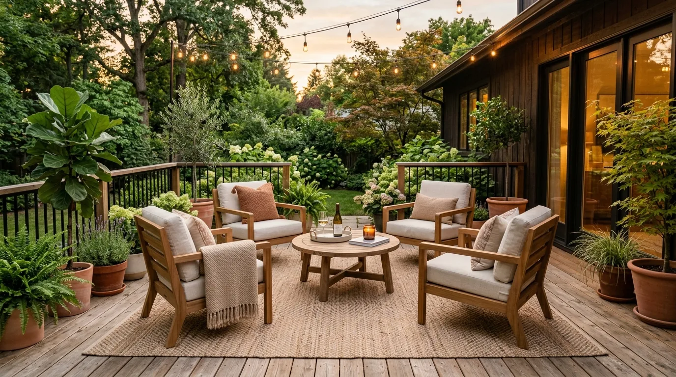 Backyard deck featuring reclaimed wood accents and furniture