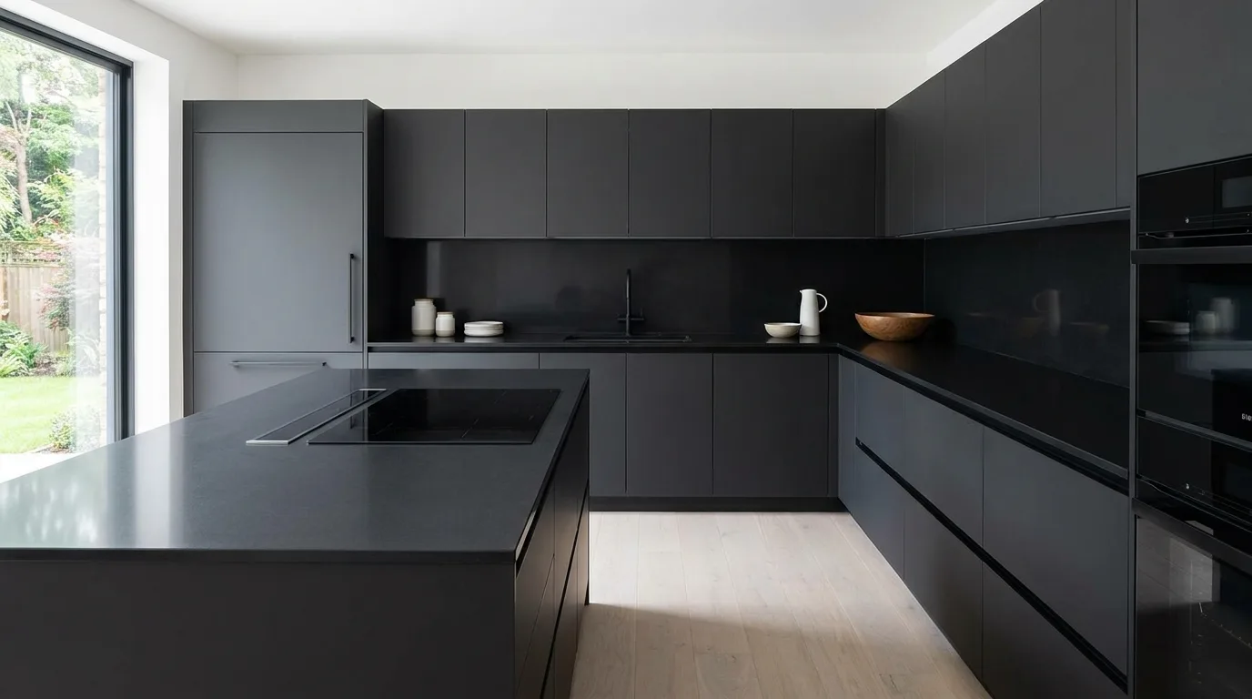Open wood shelving above black quartz kitchen counters