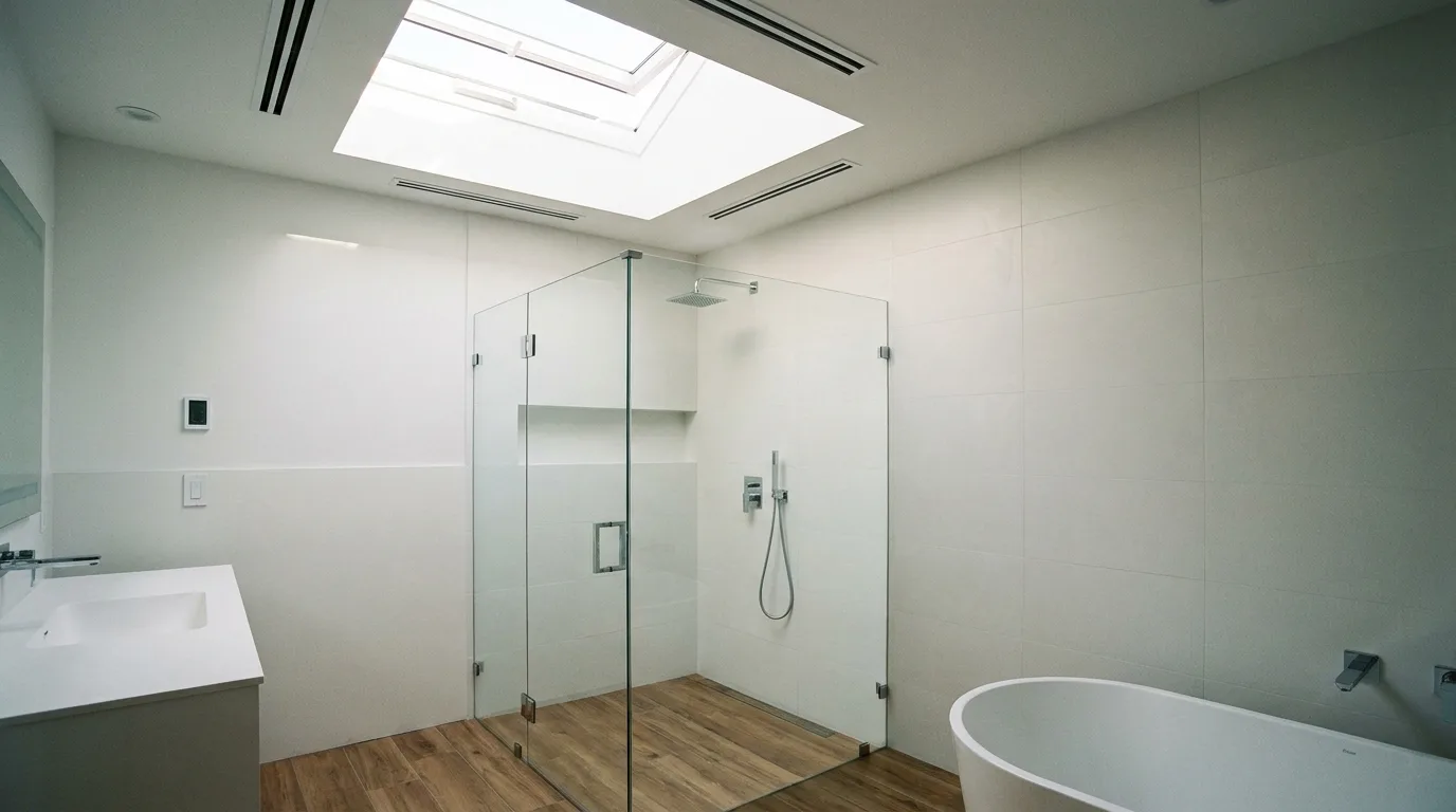Vaulted room with a skylight and fan improving air circulation