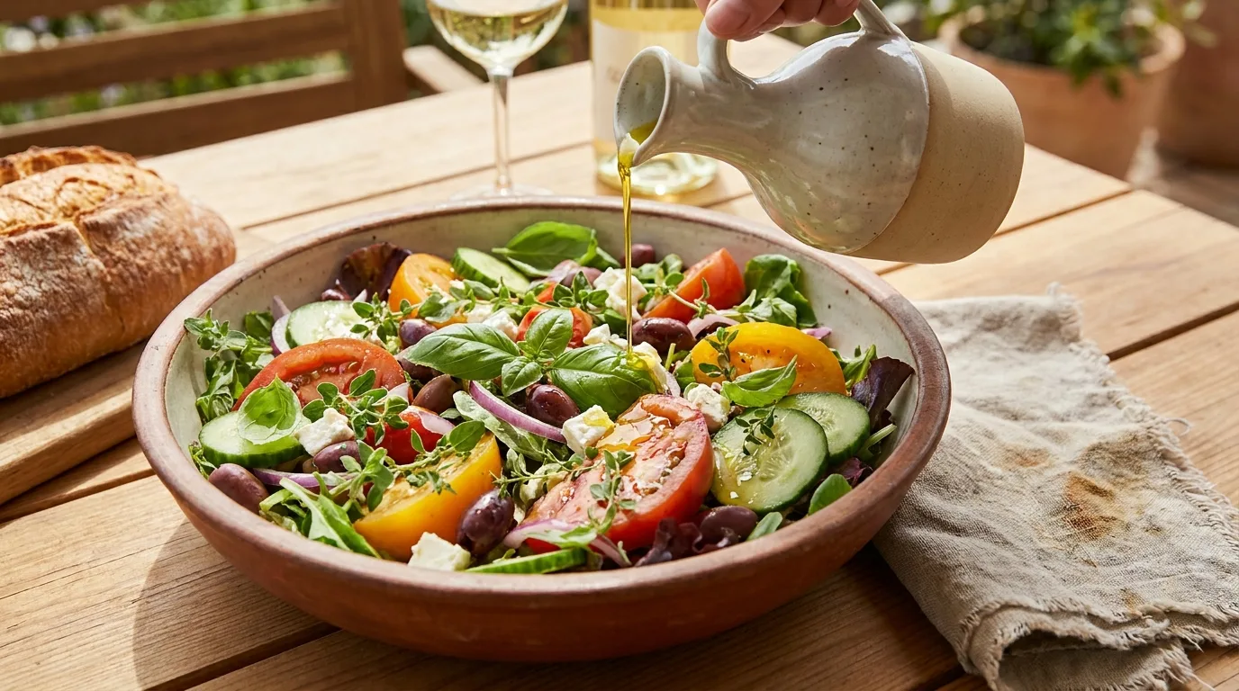 Balanced Mediterranean lunch bowl with vegetables, protein, legumes, and grains
