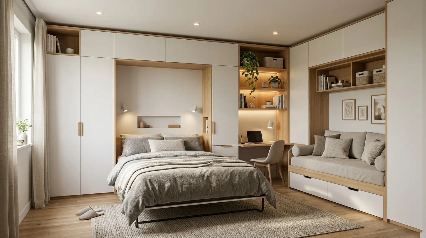 Bright small bedroom with two twin beds positioned beside a window