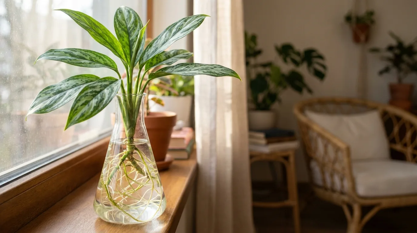 Sweet potato vine growing in water with trailing foliage
