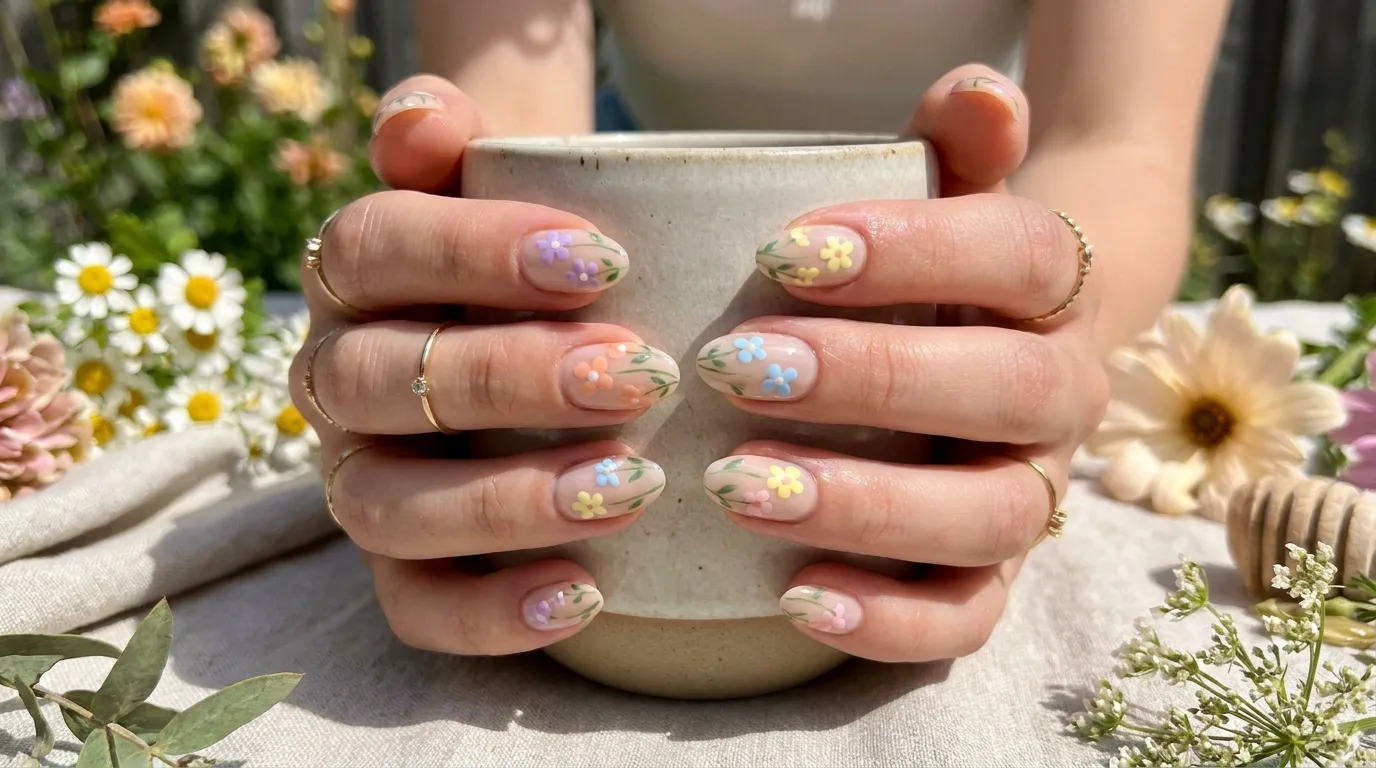Peachy floral nails with coral and warm summer flowers