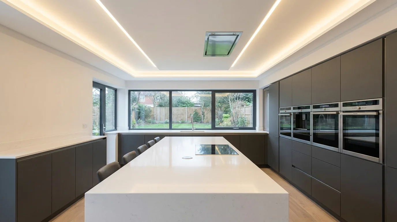 Modern kitchen with a slim perimeter drop ceiling