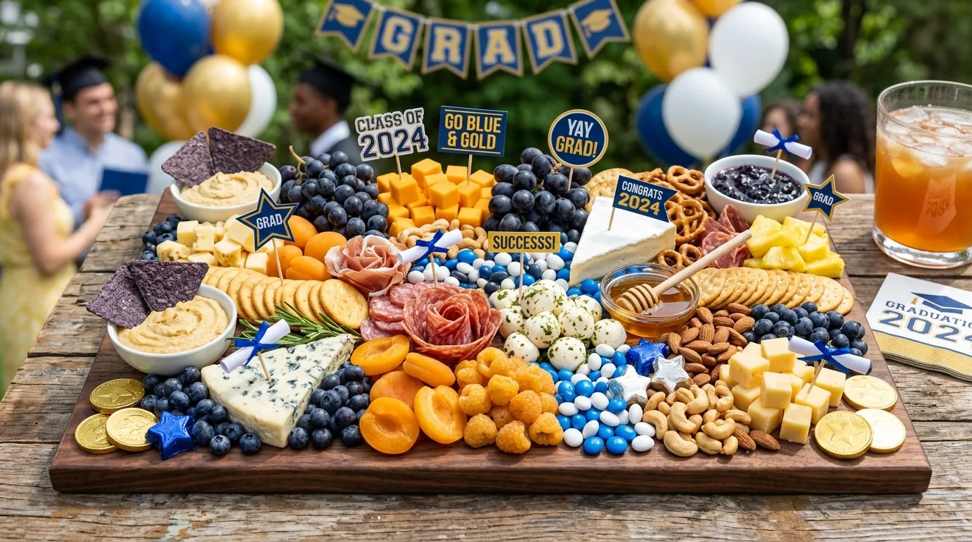 Personalized graduation charcuterie board featuring favorite foods, childhood treats, photos, and a handwritten card