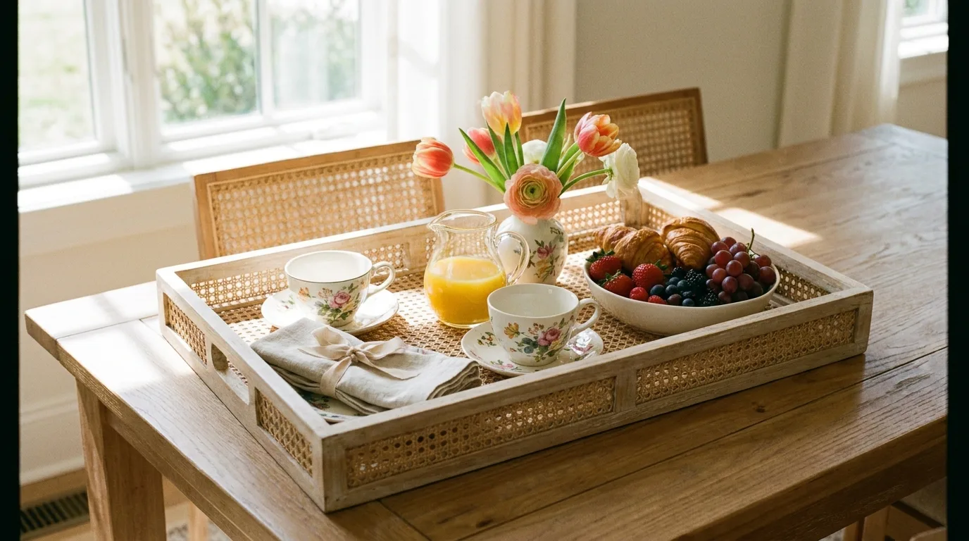 Colorful spring tray with pastel eggs, flowers, greenery, and candle