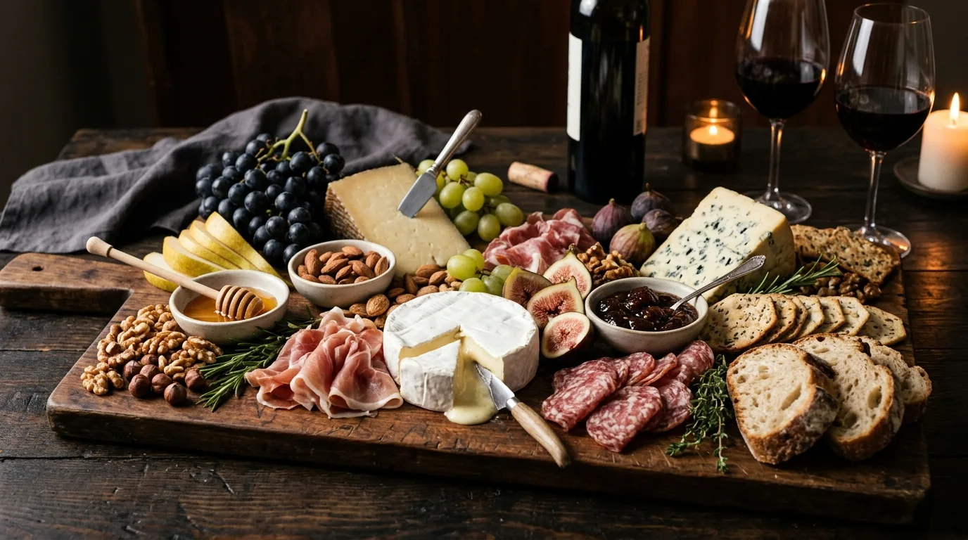 Fresh fruit and cheese charcuterie board with berries, grapes, pears, nuts, and honey