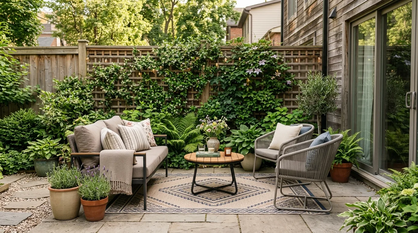 Small backyard patio with vertical wood privacy screen, climbing plants, compact seating, and lighting