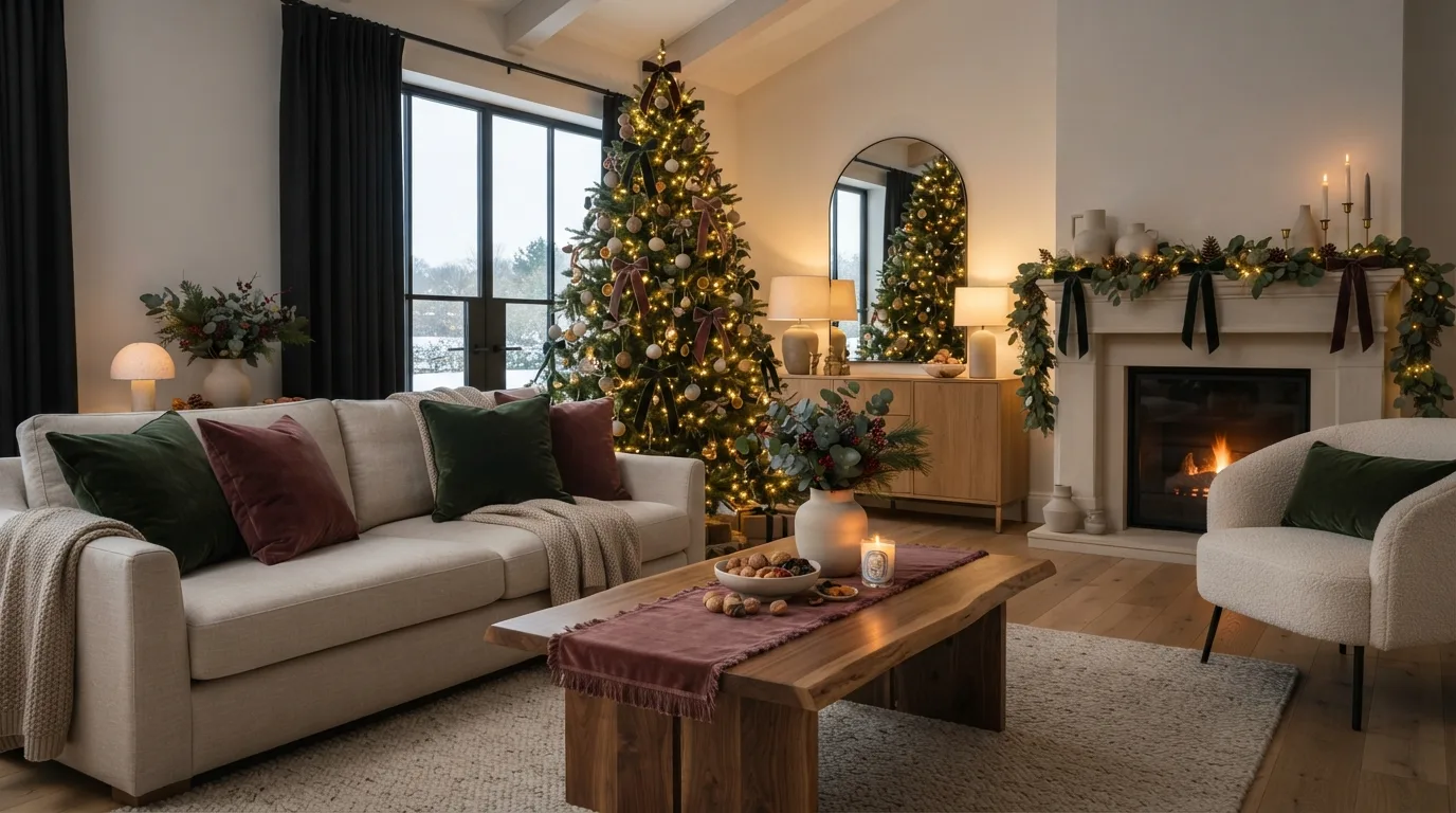 Modern Christmas room with rich velvet cushions and ribbon paired with greenery and neutral decor