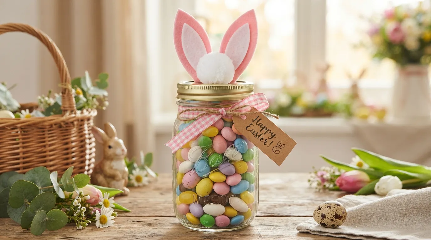 Speckled Easter egg Mason jar with ribbon and dried flowers