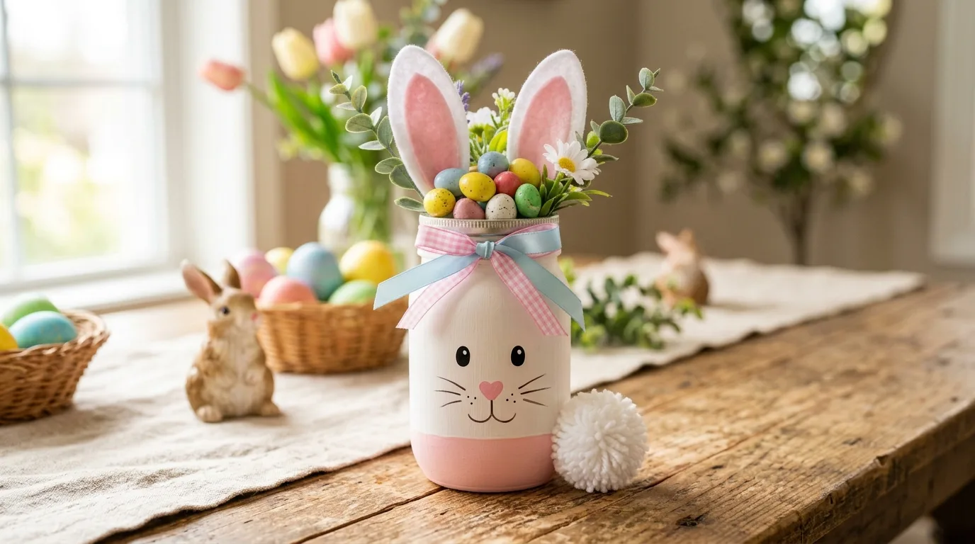 Mini Easter mason jar party favors filled with candy and decorated with ribbons and bunny details.