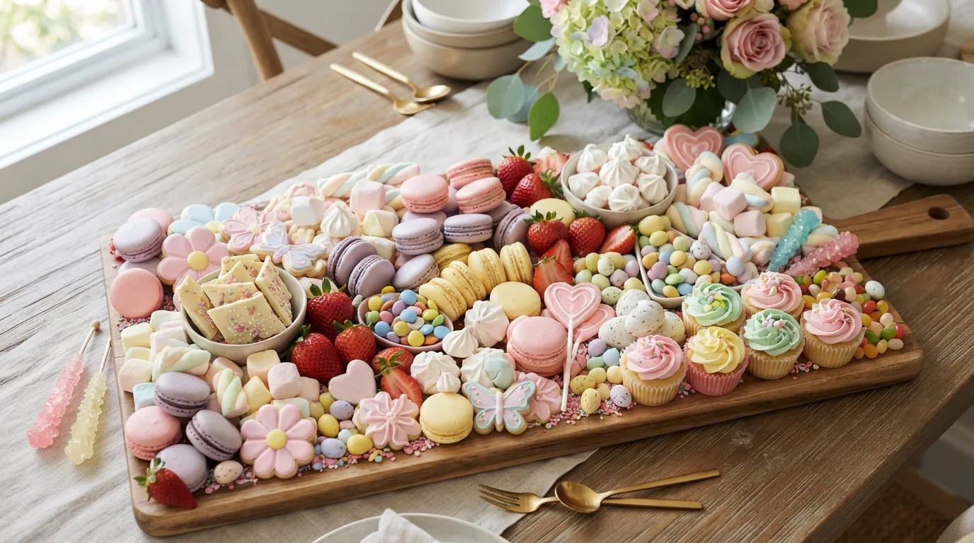 Floral Easter charcuterie board arranged like a spring garden