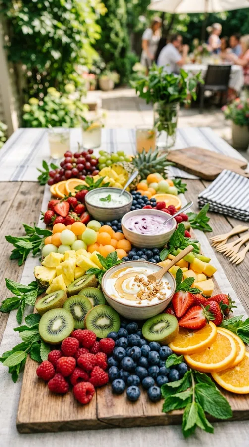 Budget-friendly grazing table with affordable cheese, crackers, fruit, vegetables, and dips
