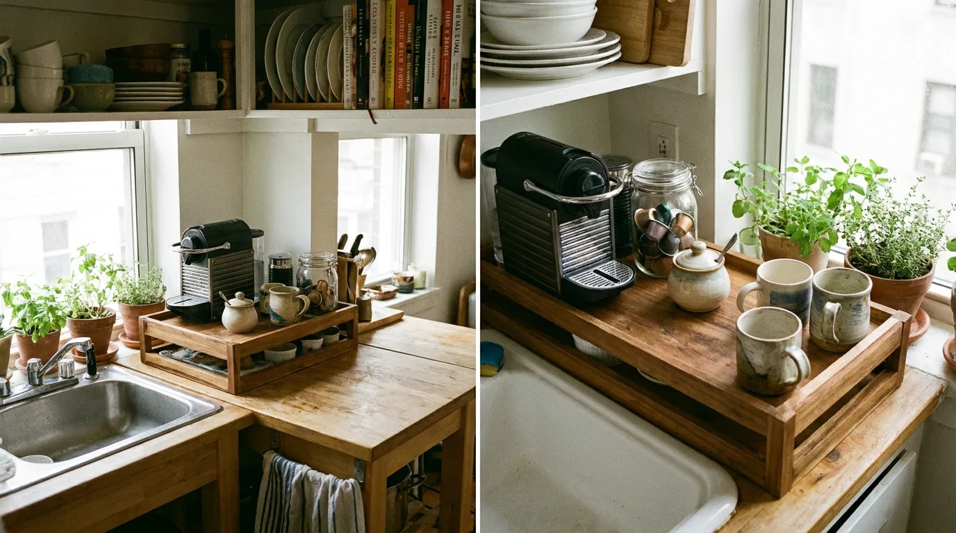 Tiered coffee tray using baskets and covered containers to hide countertop clutter