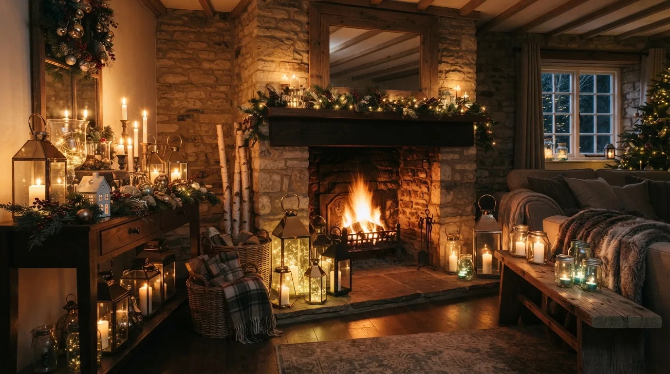 Winter lantern and candle arrangement creating warm seasonal ambience