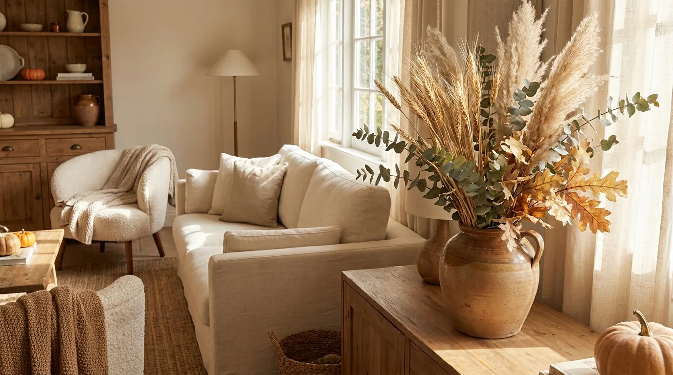 Fall living room with a warm vintage-inspired rug in earthy autumn tones