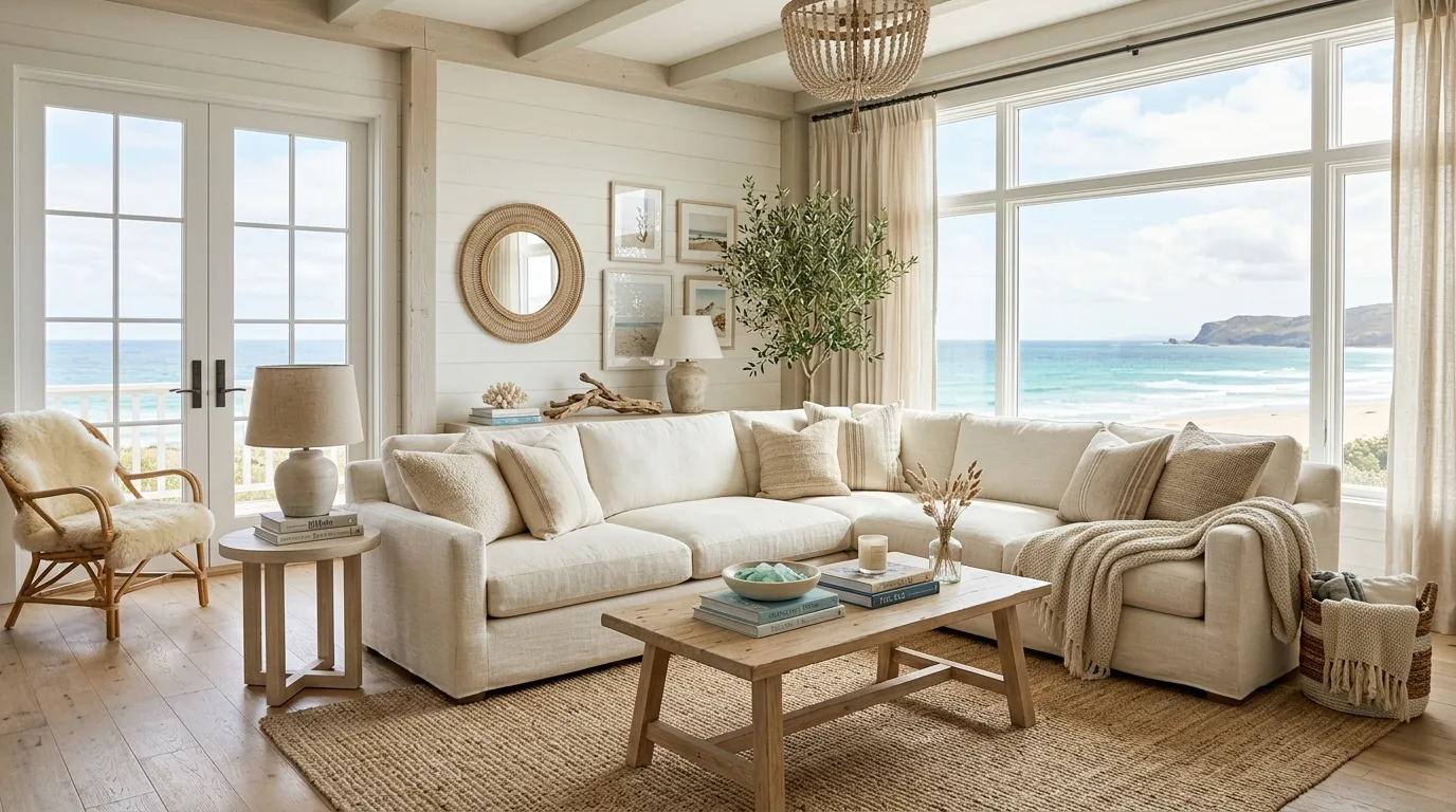 Sophisticated coastal living room with subtle seashell and driftwood accents
