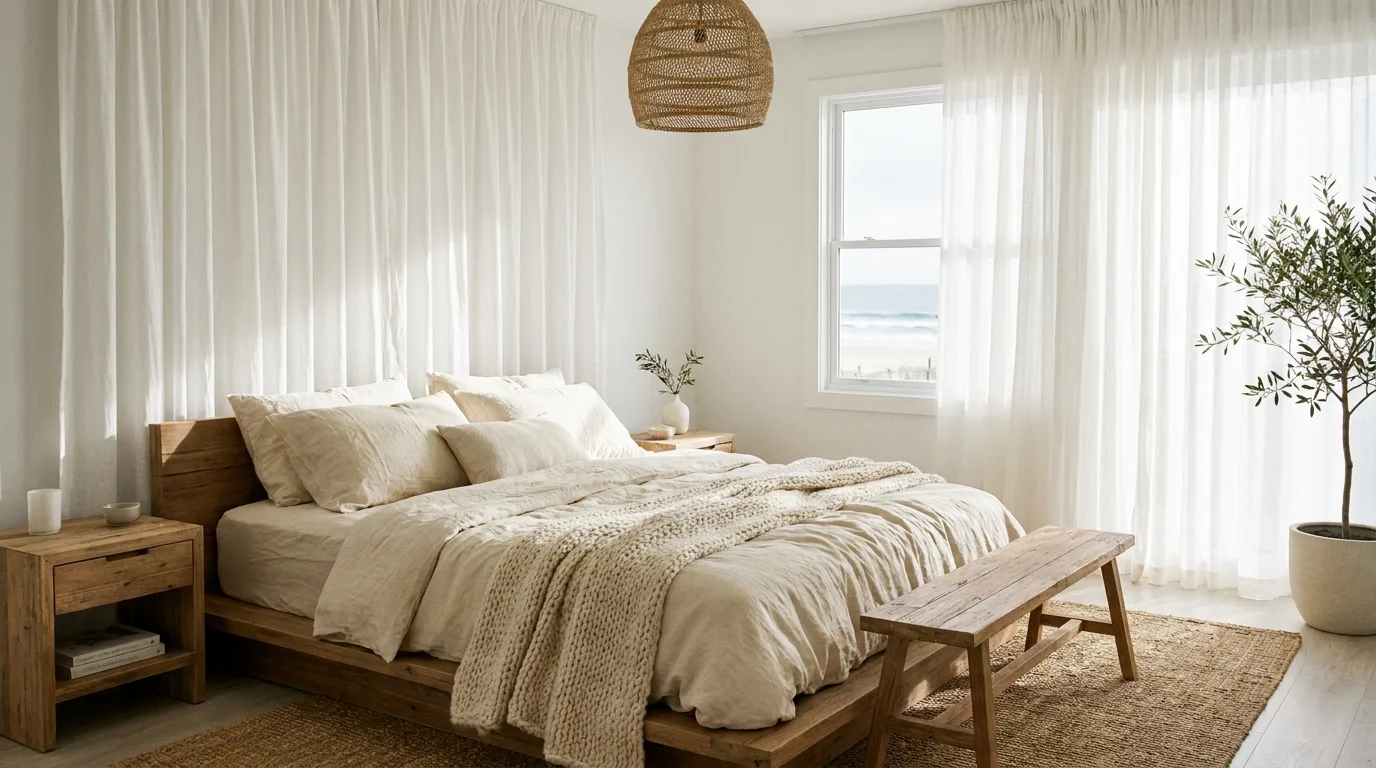 Coastal bedroom with botanical artwork and muted green and blue accents